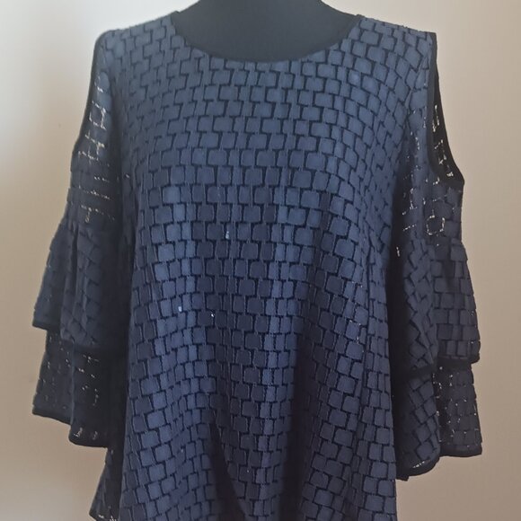 Great Condition Cirana Navy Blue Lace Cold Shoulder Top With Black Trim - Picture 1 of 2